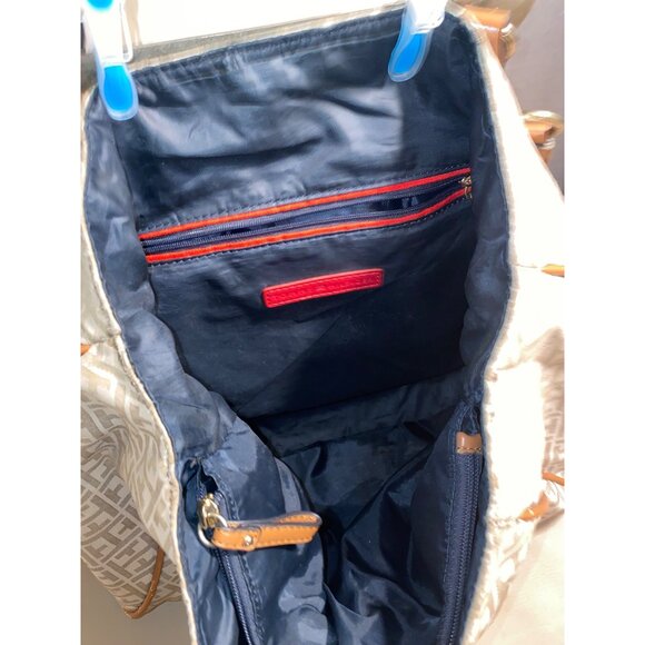 Tommy Hilfiger Large Tan Logo Canvas Shoulder Tote Bag Gold Accent Chain - Picture 10 of 10